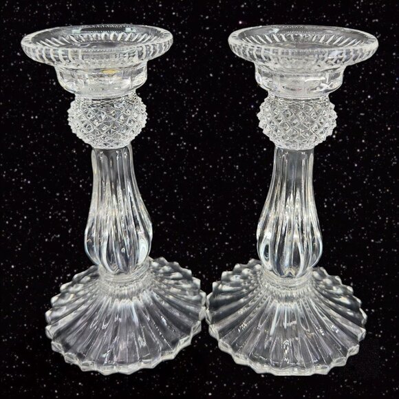1980s Clear Crystal Diamond Point Candle Stick Holder Set 2 Candle Holder VTG - Picture 15 of 15